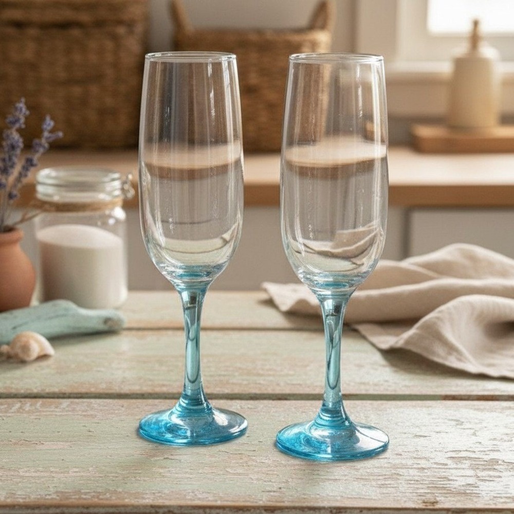 Epure Blue Stemmed Champagne Flutes, Set Of 2, Vintage Stemware Toasting Glasses